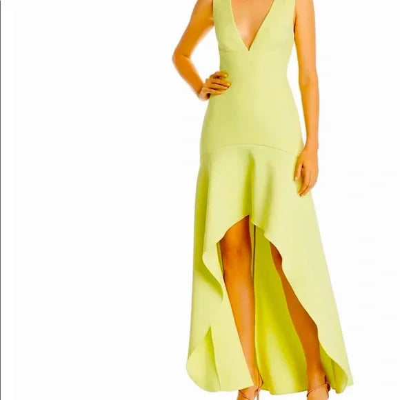 BCBGMAXAZRIA AZRIA PLUNGING HIGH-LOW SLEEVELESS FLOUNCE HEM GOWN