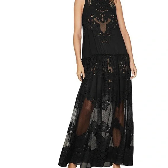 CHIFFON LACE TIERED GOWN IN BLACK
