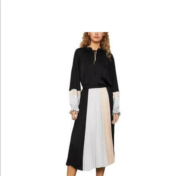 BCBGMAXAZRIA Black Colorblock Pleated Pull On Midi