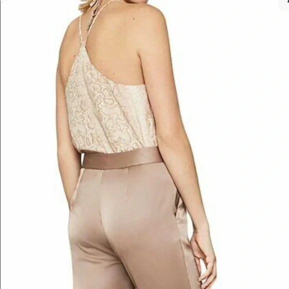 BCBGMAXAZRIA BARE PINK PYTHON PRINT FAUX WRAP FRONT BODYSUIT SIZE