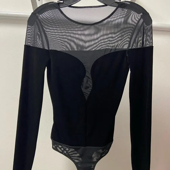 BCBG MaxAzria sheer and velvet black bodysuit
