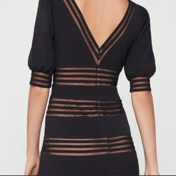 BCBG Black Sheer Stripes Puff Sleeves Mini Coacktail Dress