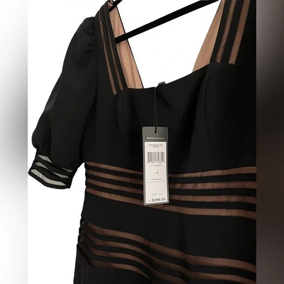 BCBG Black Sheer Stripes Puff Sleeves Mini Coacktail Dress