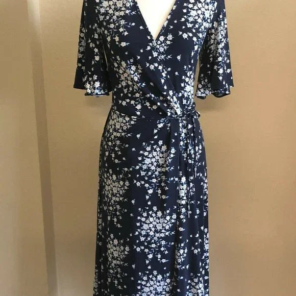 BCBGMAXAZRIA Floral Print Long Sleeve Blue Dress