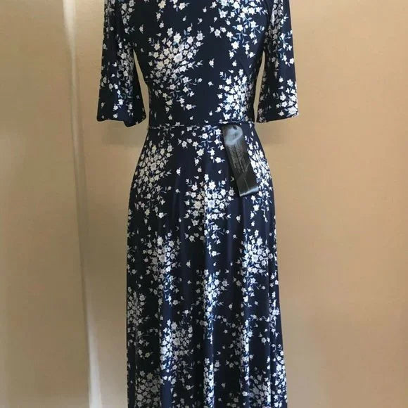 BCBGMAXAZRIA Floral Print Long Sleeve Blue Dress