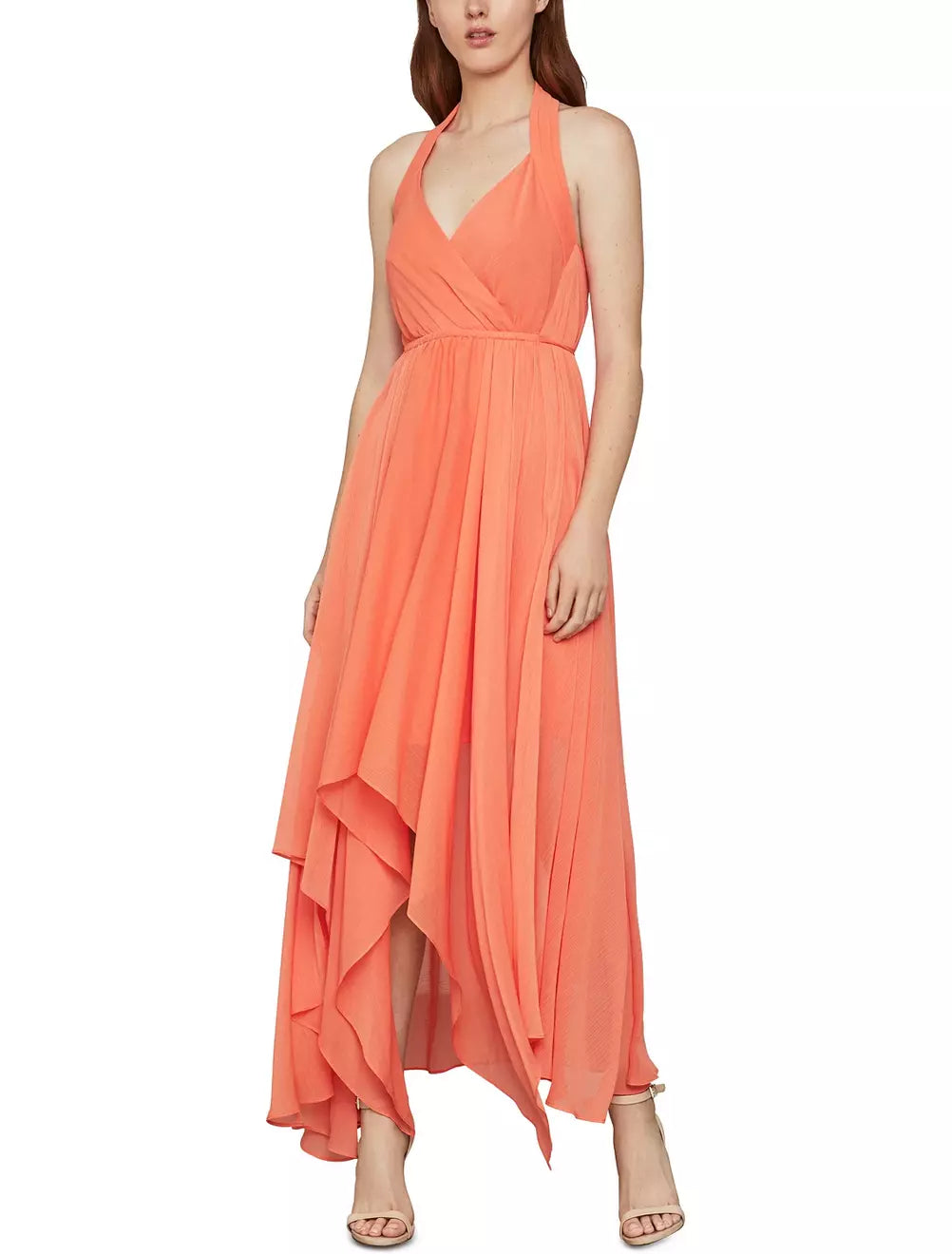 BCBGMAXAZRIA Coral Crinkle-Chiffon Handkerchief-Hem