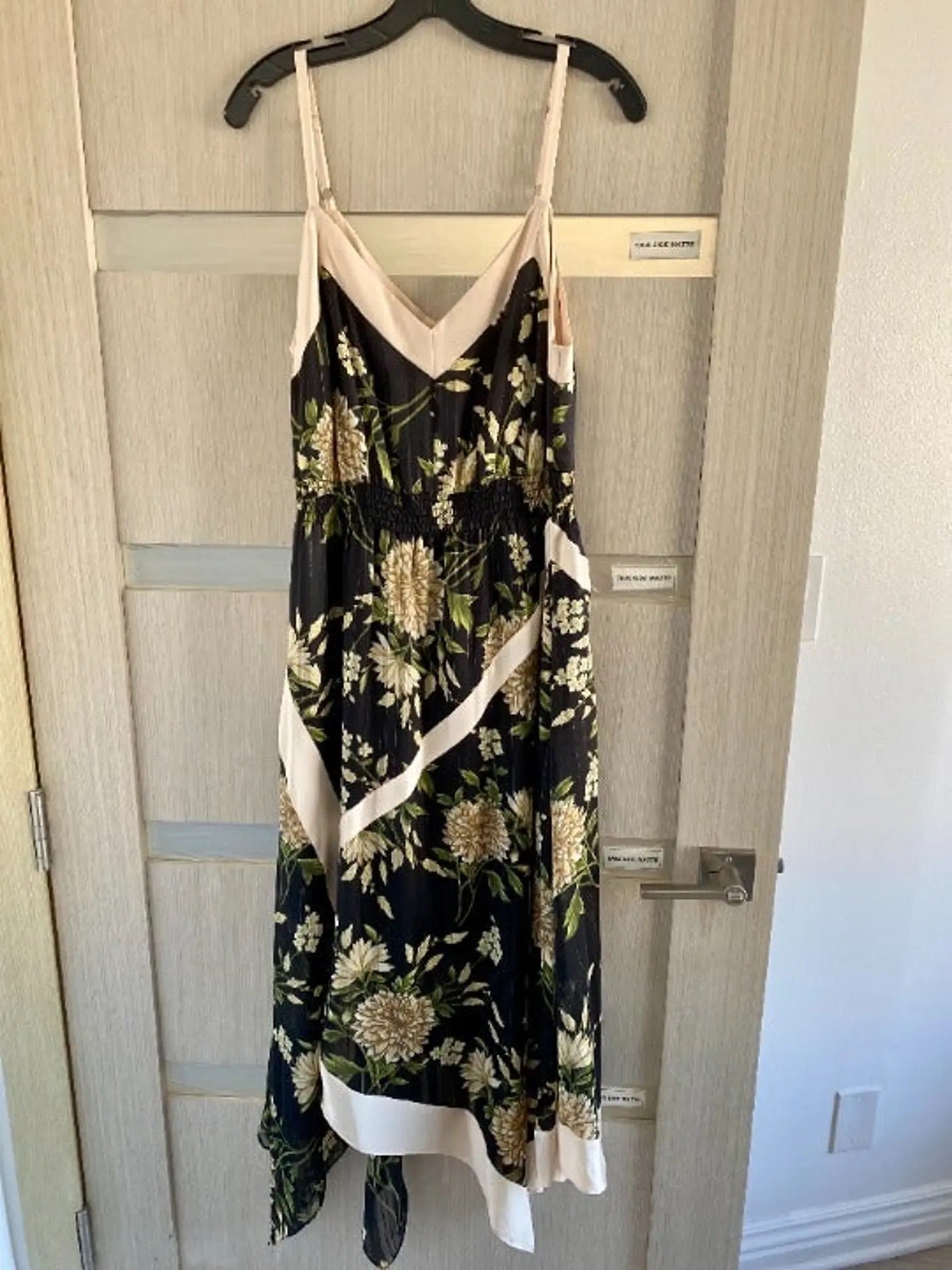 BCBG Black Garden Floral High Handkercheif Cut Sundress With Off-White Silk Accents