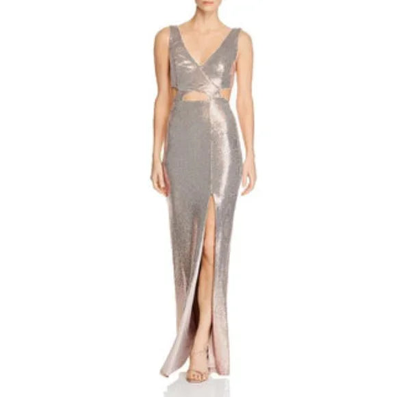 BCBGMAXAZRIA Blush color SEQUINED CUT-OUT SLEEVELESS V-NECK GOWN