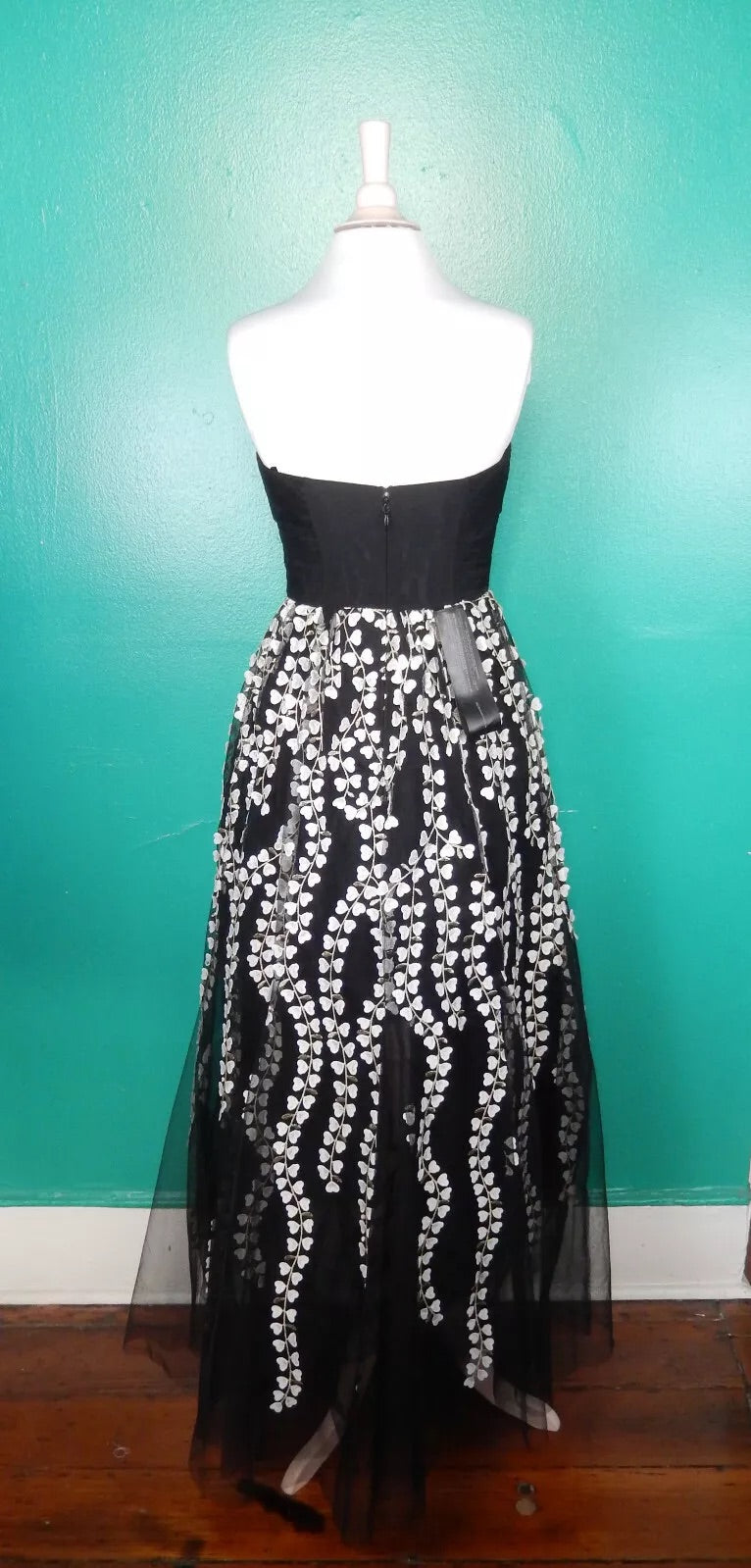 BCBG Floral Embroidered Strapless High/Low Gown