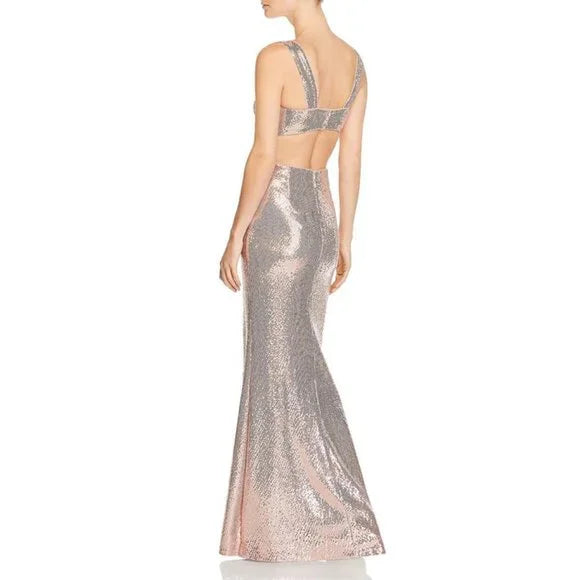 BCBGMAXAZRIA Blush color SEQUINED CUT-OUT SLEEVELESS V-NECK GOWN