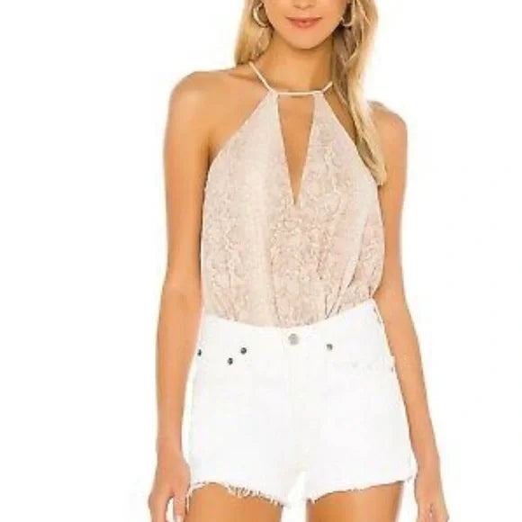 BCBGMAXAZRIA BARE PINK PYTHON PRINT FAUX WRAP FRONT BODYSUIT SIZE