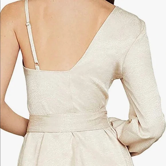 BCBGMAXAZRIA One Shoulder Metallic Peplum Wrap Top Blouse