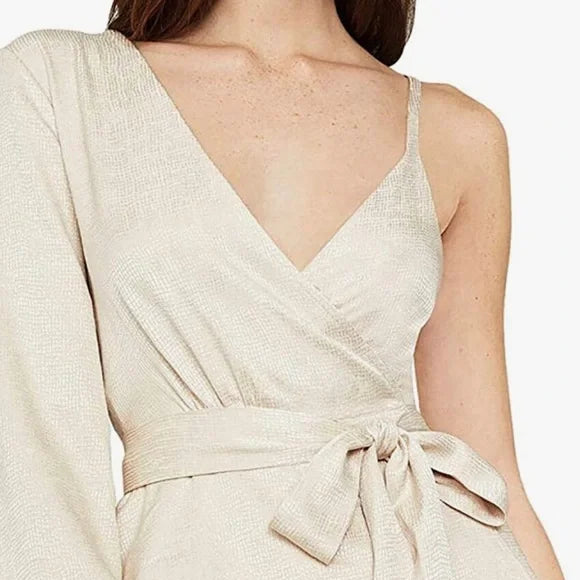 BCBGMAXAZRIA One Shoulder Metallic Peplum Wrap Top Blouse