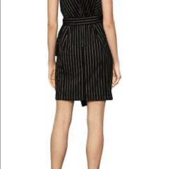 BCBGMAXAZRIA Womens Black Striped Sleeveless Faux Wrap Mini Dres