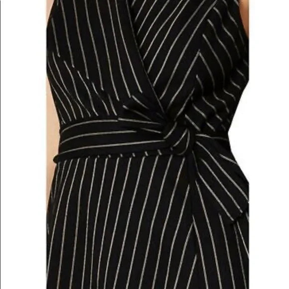BCBGMAXAZRIA Womens Black Striped Sleeveless Faux Wrap Mini Dres