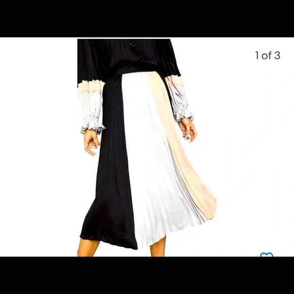 BCBGMAXAZRIA Black Colorblock Pleated Pull On Midi