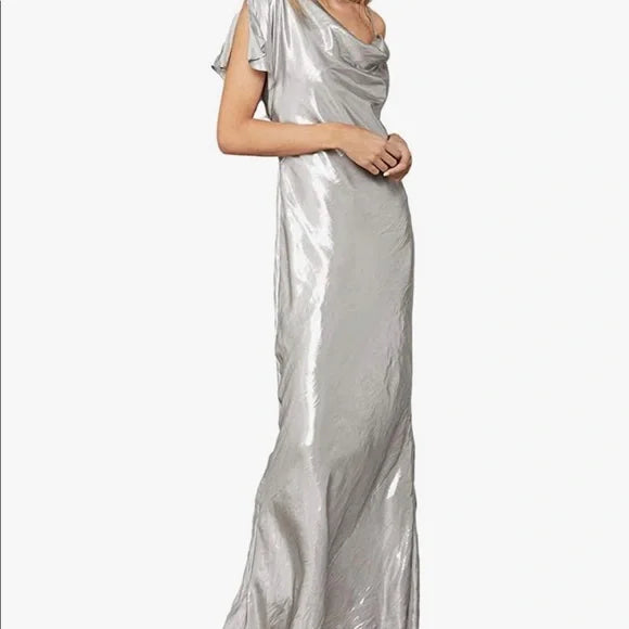 Satin One Sleeve Metallic Cowl Neck Column Gown NWT BCBGMaxAzria