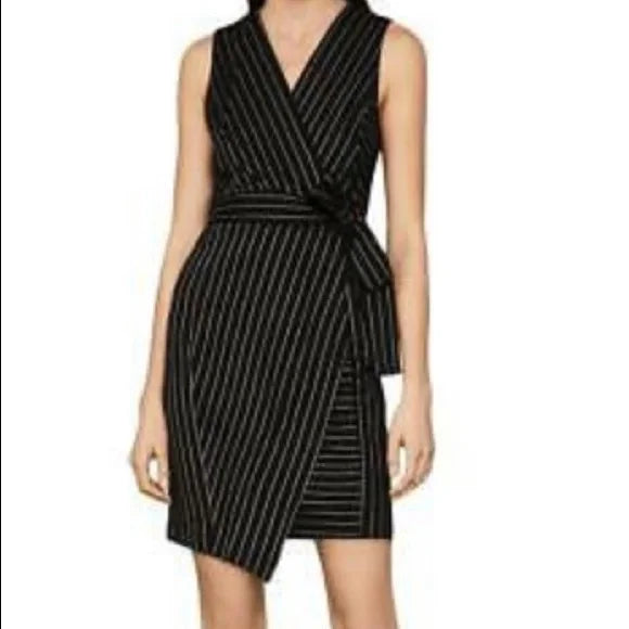 BCBGMAXAZRIA Womens Black Striped Sleeveless Faux Wrap Mini Dres