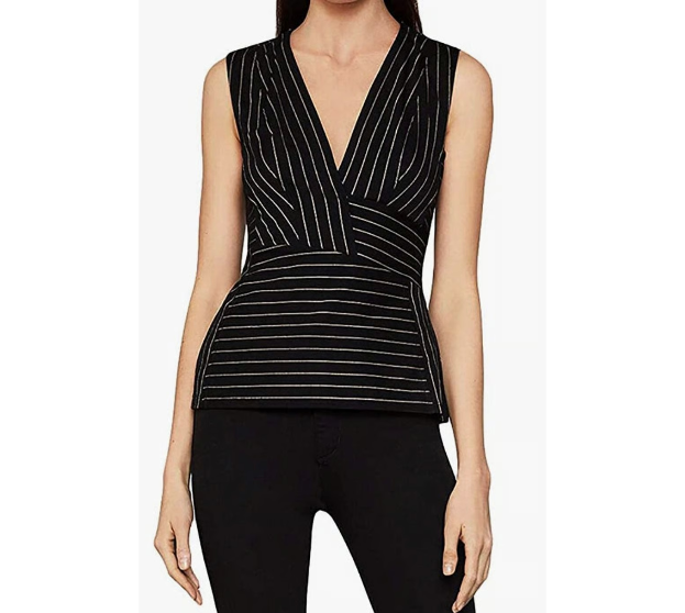 BCBG Pin Striped V-Neck Peplum Blouse