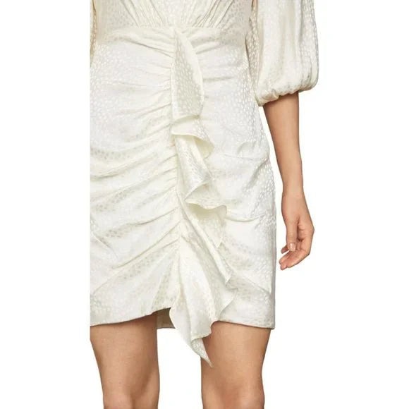 BCBGMAXAZRIA AZRIA DOTTED SATIN RUCHED BLOUSON SLEEVE V-NECK MINI DRESS