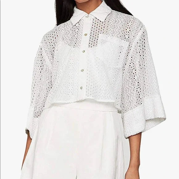 Eyelet Button-Down Shirt Crop Top Blouse NWT BCBGMaxAzria